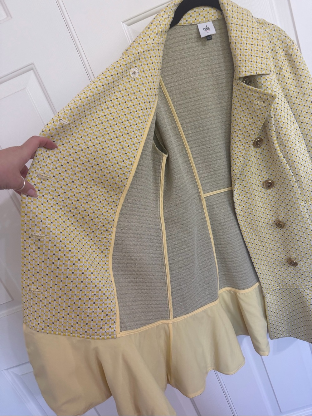 CAbi Hobnob Topper - Yellow Patterned Double-Breasted Peacoat with Ruffle Hem - Picture 4 of 10